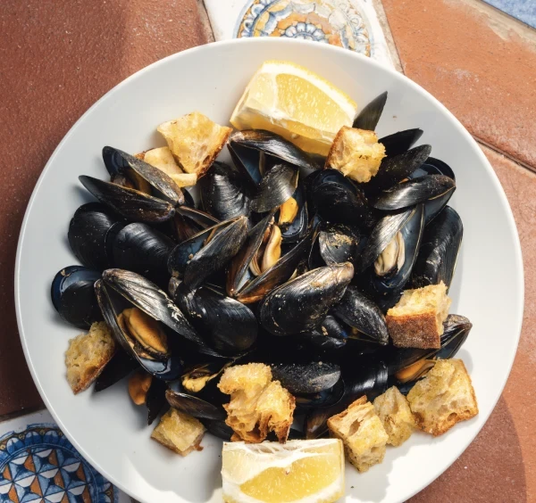 Fresh mussels and seafood at a Southern Italian restaurant