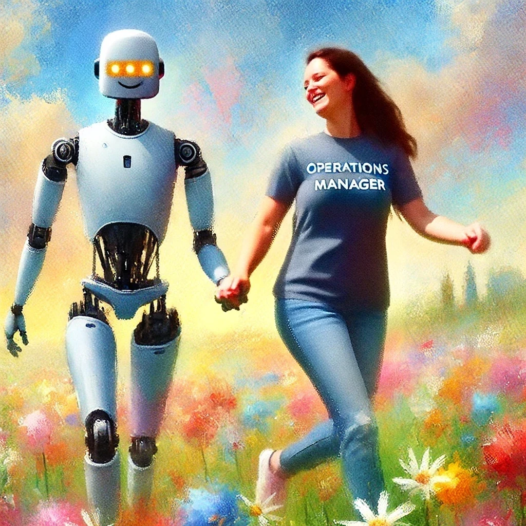 Nolan robot and an operations manager frolicking in a field of flowers