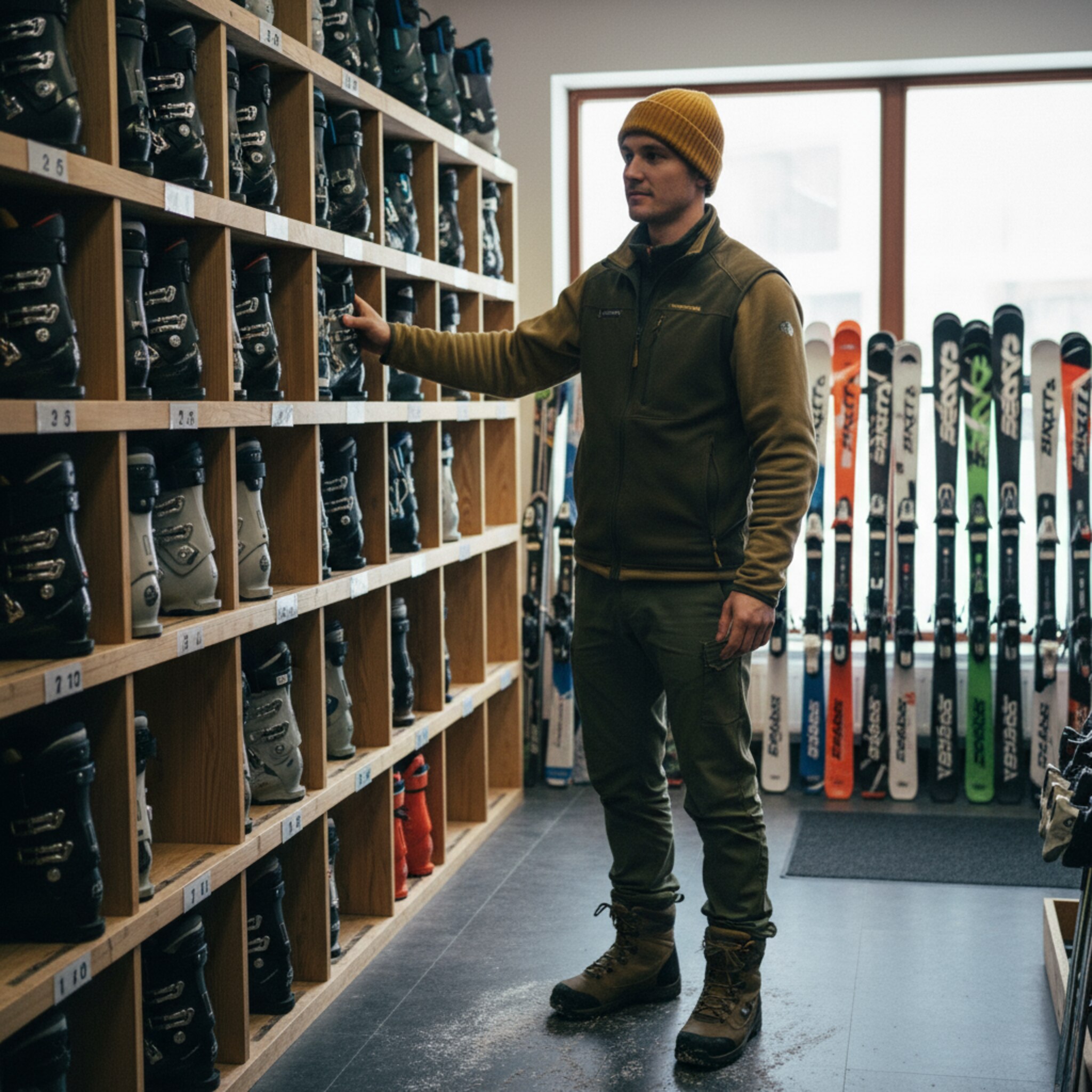 An einem Regal mit Skischuhen schiebt ein Mitarbeiter ein korrekt beschriftetes Paar zurück in das Fach. Die Größen sind sichtbar sortiert, Metallhaken blitzen im Licht. Dahinter stehen Skier nach Länge geordnet. Die Atmosphäre ist ruhig, präzise und strukturiert.