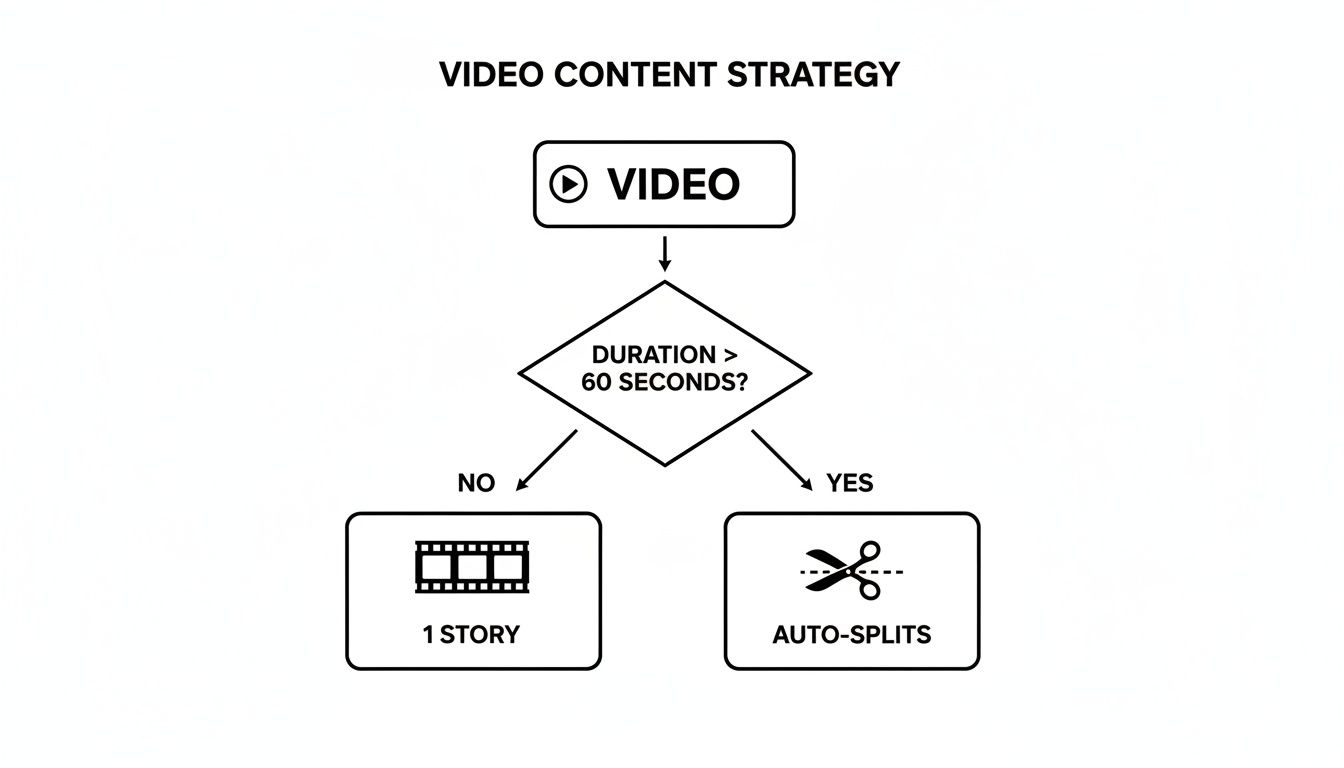 Flowchart illustrating a video content strategy for Instagram stories based on video duration.