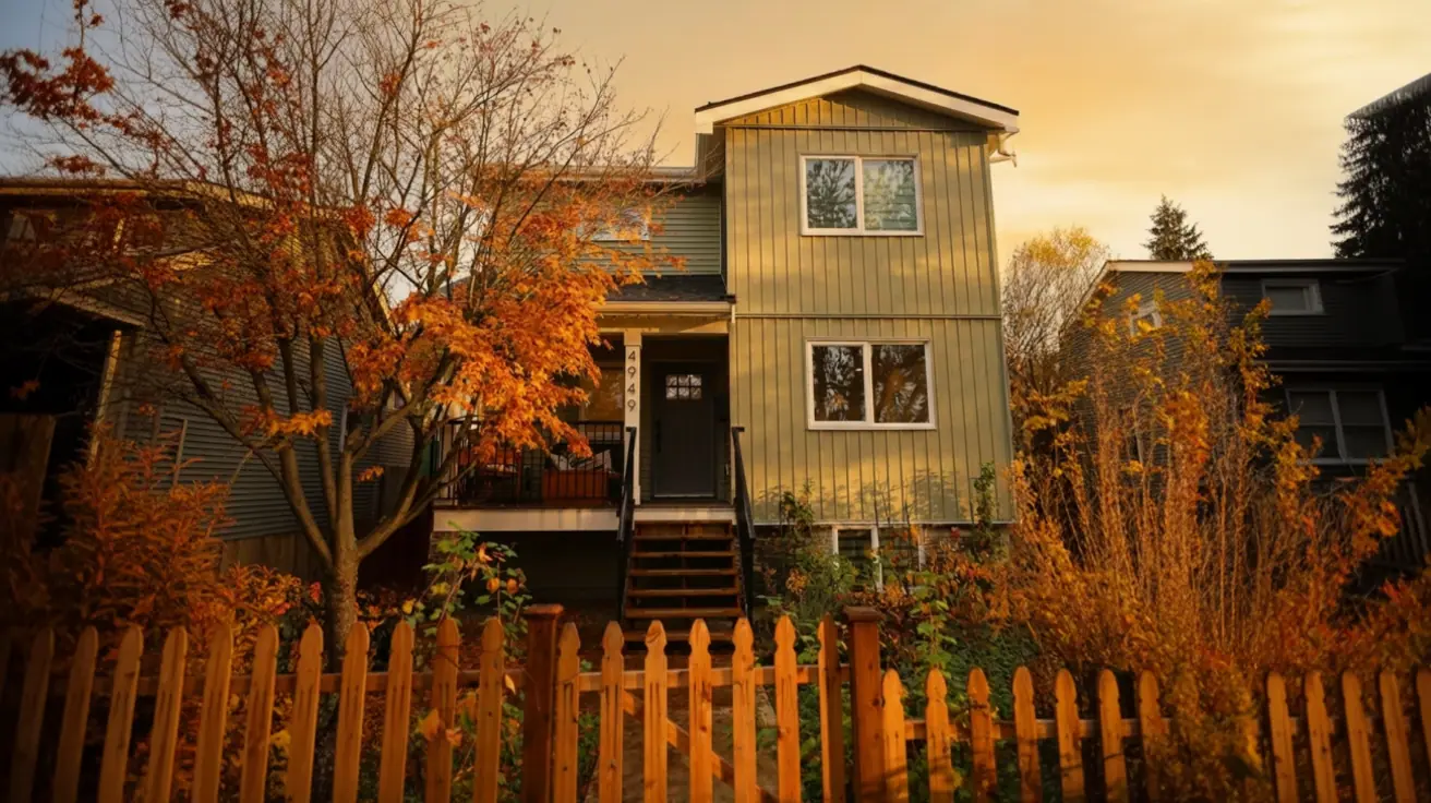 Modern two-story Vancouver custom home exterior with sage green board and batten siding, covered front porch, and wooden stairs surrounded by autumn foliage in residential Vancouver neighbourhood