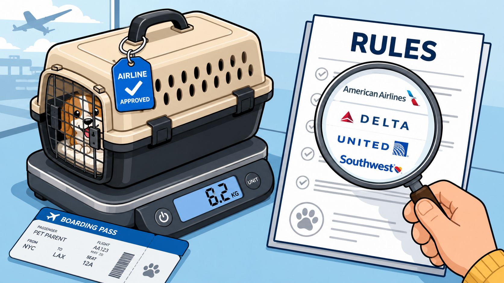 A pet carrier with a small dog inside sits on a digital scale next to airline rules.