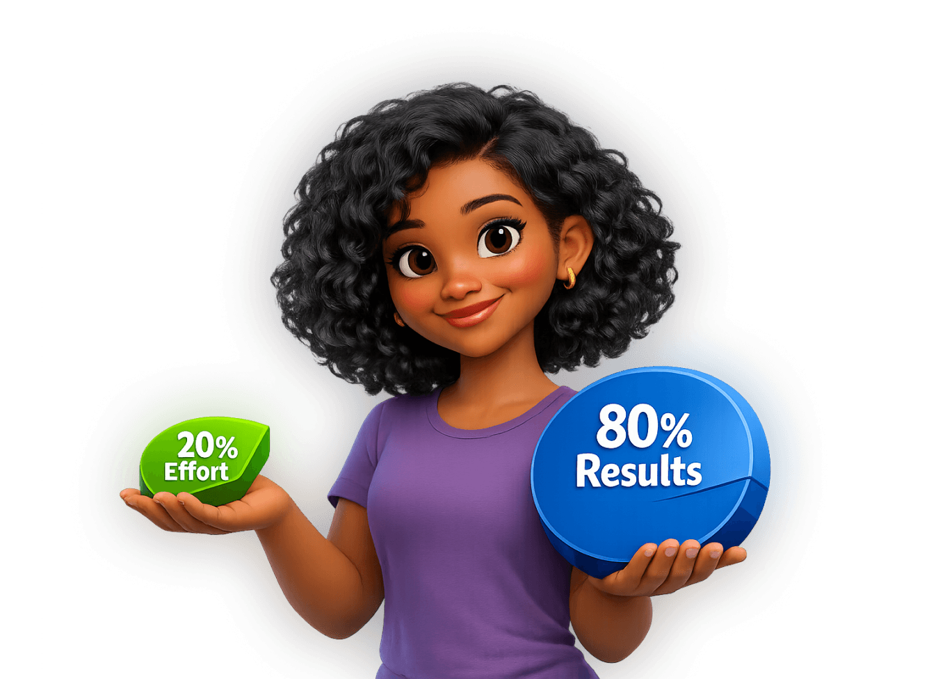 Illustration of a smiling woman holding two icons representing the Pareto principle