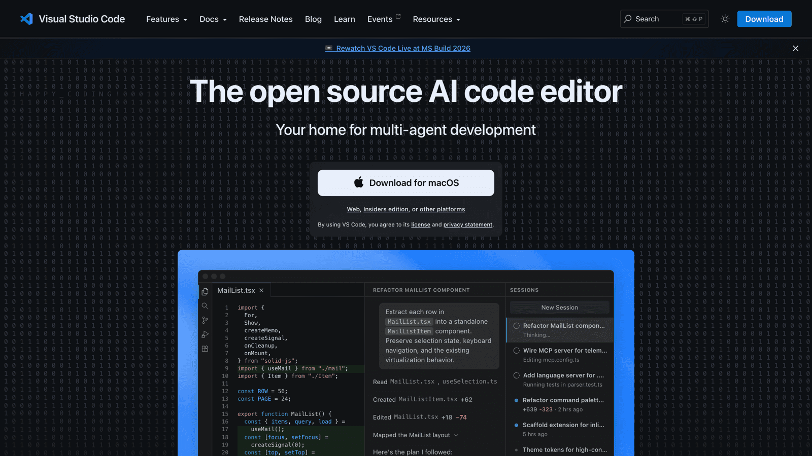 Visual Studio Code homepage calling it the open source AI code editor and home for multi-agent development
