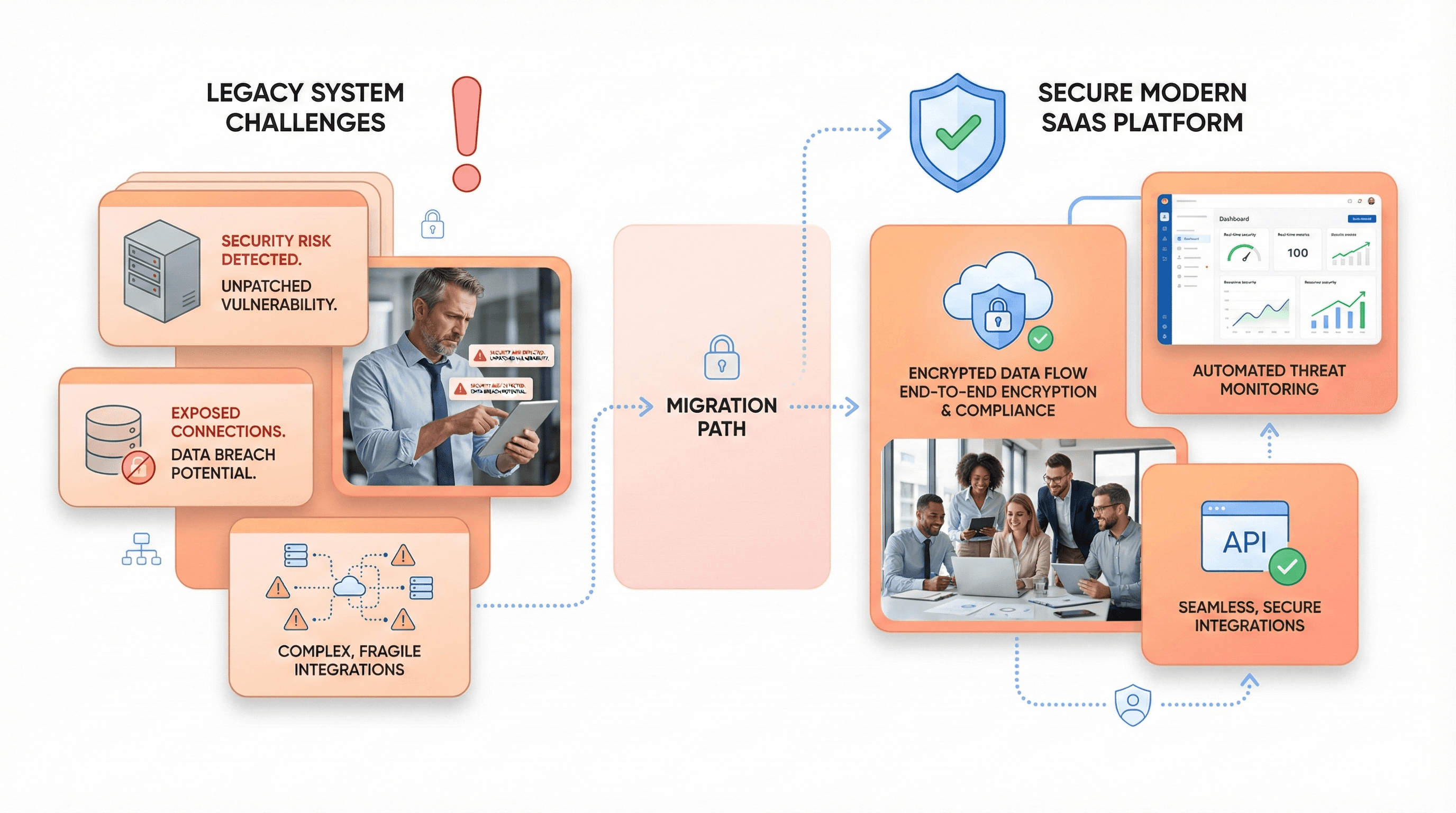 Legacy system interfaces displaying security warnings and compliance risks compared to modern secure SaaS architecture.