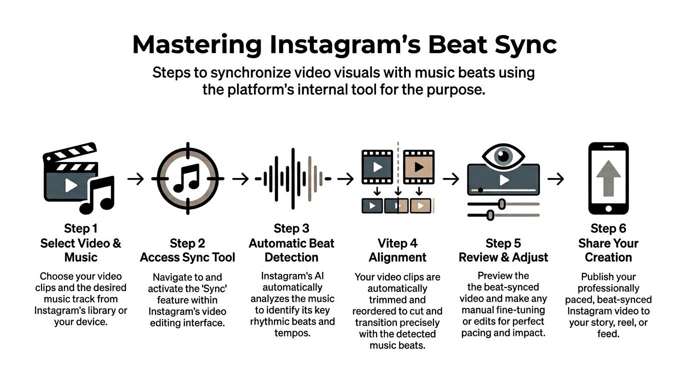 An infographic showing six sequential steps for using the automatic beat sync tool on Instagram.