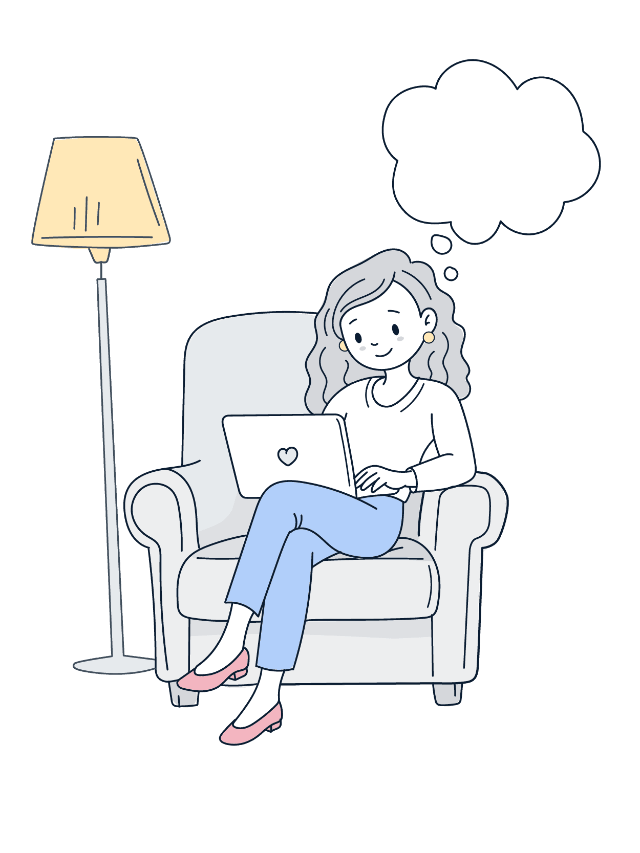Illustration of a woman sitting in an armchair with a laptop and a thought bubble above her head