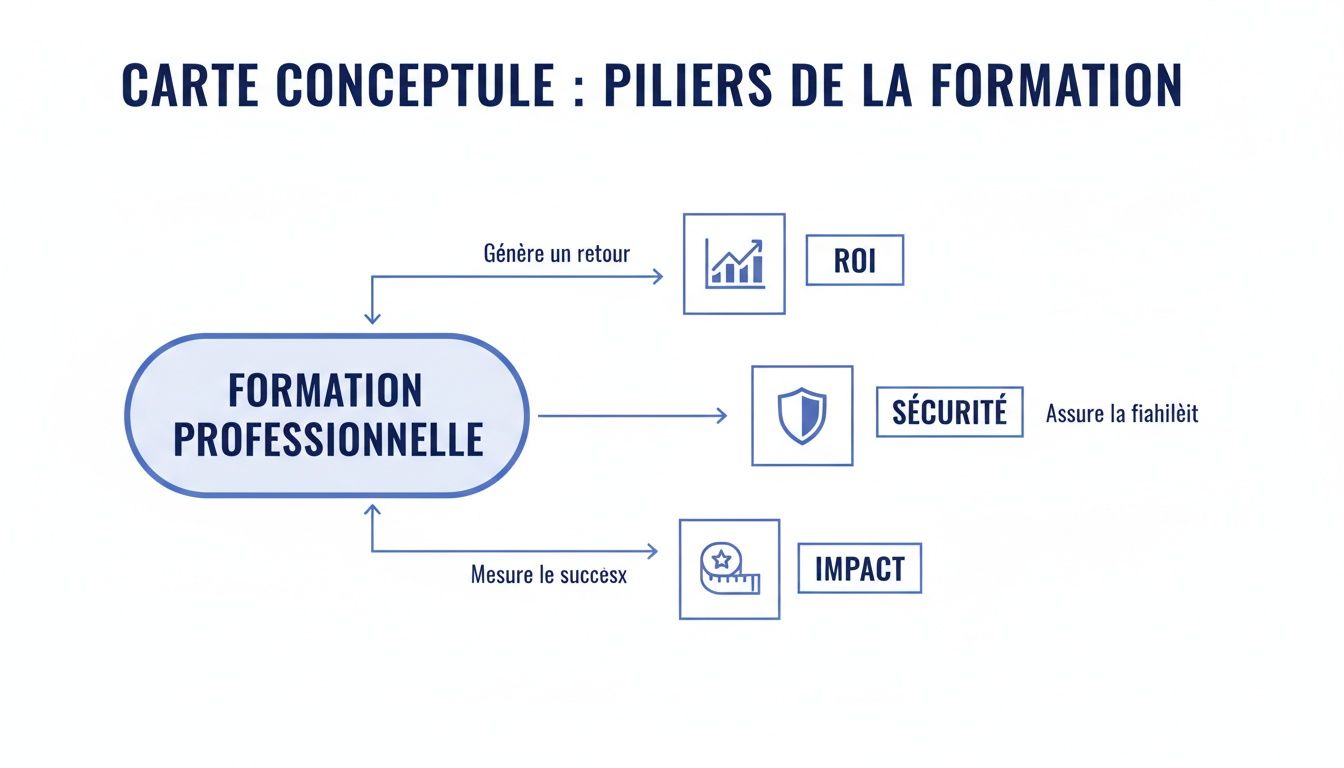 Carte conceptuelle illustrant les trois piliers de la formation professionnelle : Retour sur Investissement, sécurité et impact.