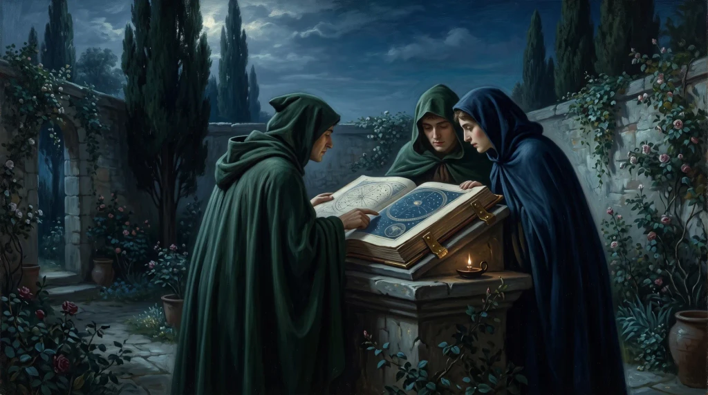 Robed figures reading a large book of the heavens in a moonlit garden