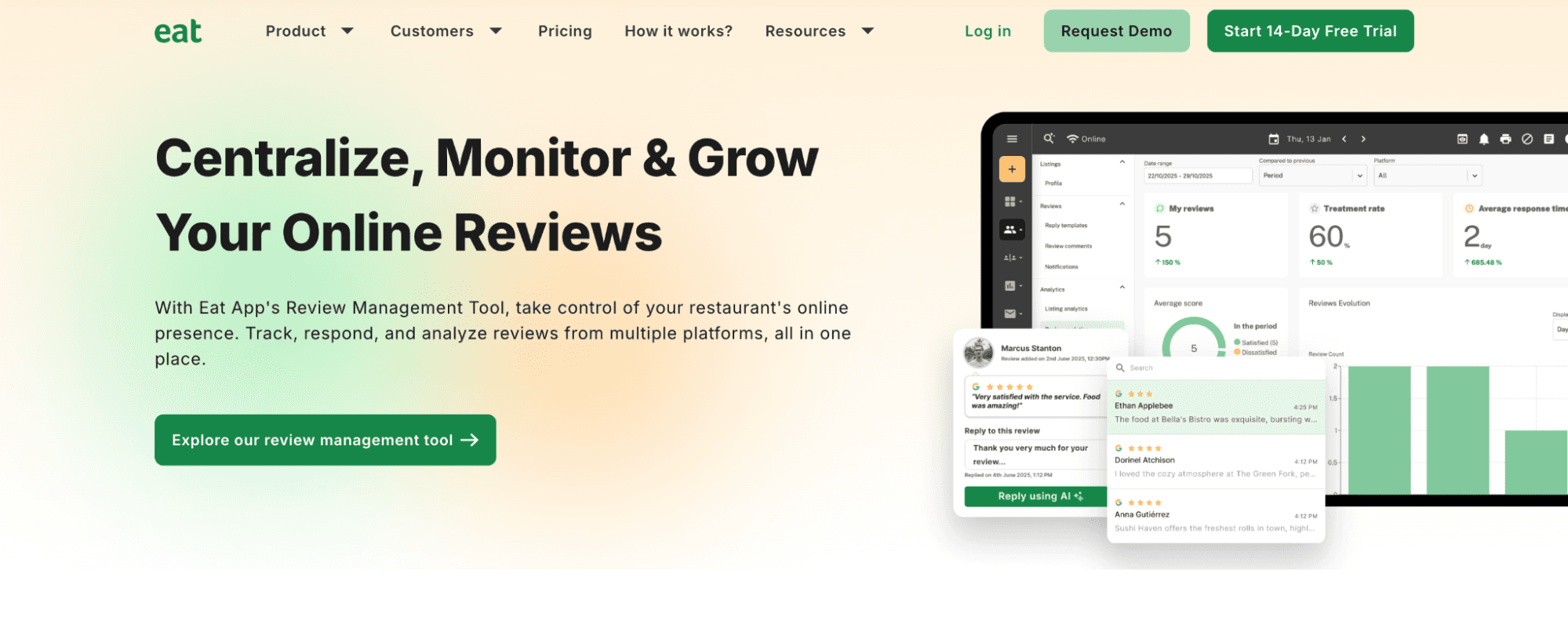 Eat App (Review Management) is a restaurant-focused guest experience and reservations platform that helps hospitality brands monitor, manage, and respond to online reviews in one place.
