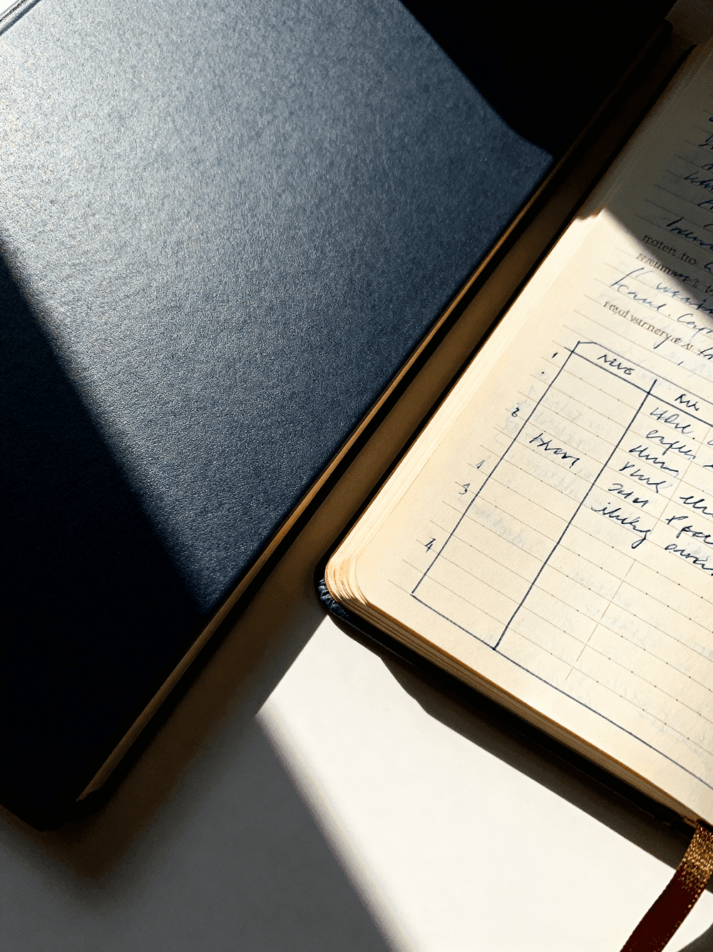 Caderno aberto com anotações manuscritas em tabela sobre superfície com luz natural, representando a construção da proposta personalizada da consultoria estratégica.