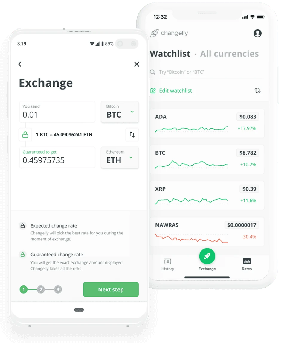 Changelly mobile app showing BTC to ETH exchange with guaranteed rate