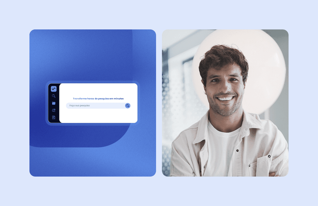 Uma imagem composta por dois painéis lado a lado. À esquerda, sobre um fundo azul, a interface de um software com a frase 'Transforme horas de pesquisa em minutos'. À direita, o retrato de Cauê Amaral, um homem jovem de pele clara, cabelos castanhos e sorrindo, vestindo uma camisa bege.