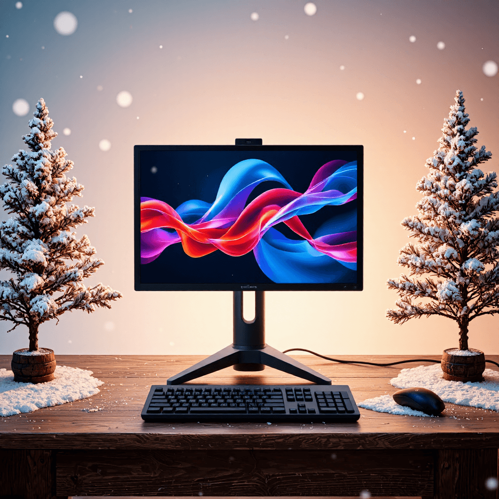 product photography of an all-in-one computer with a monitor and keyboard