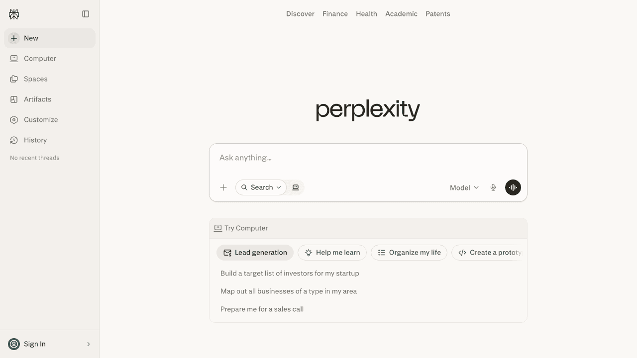 Perplexity website screenshot