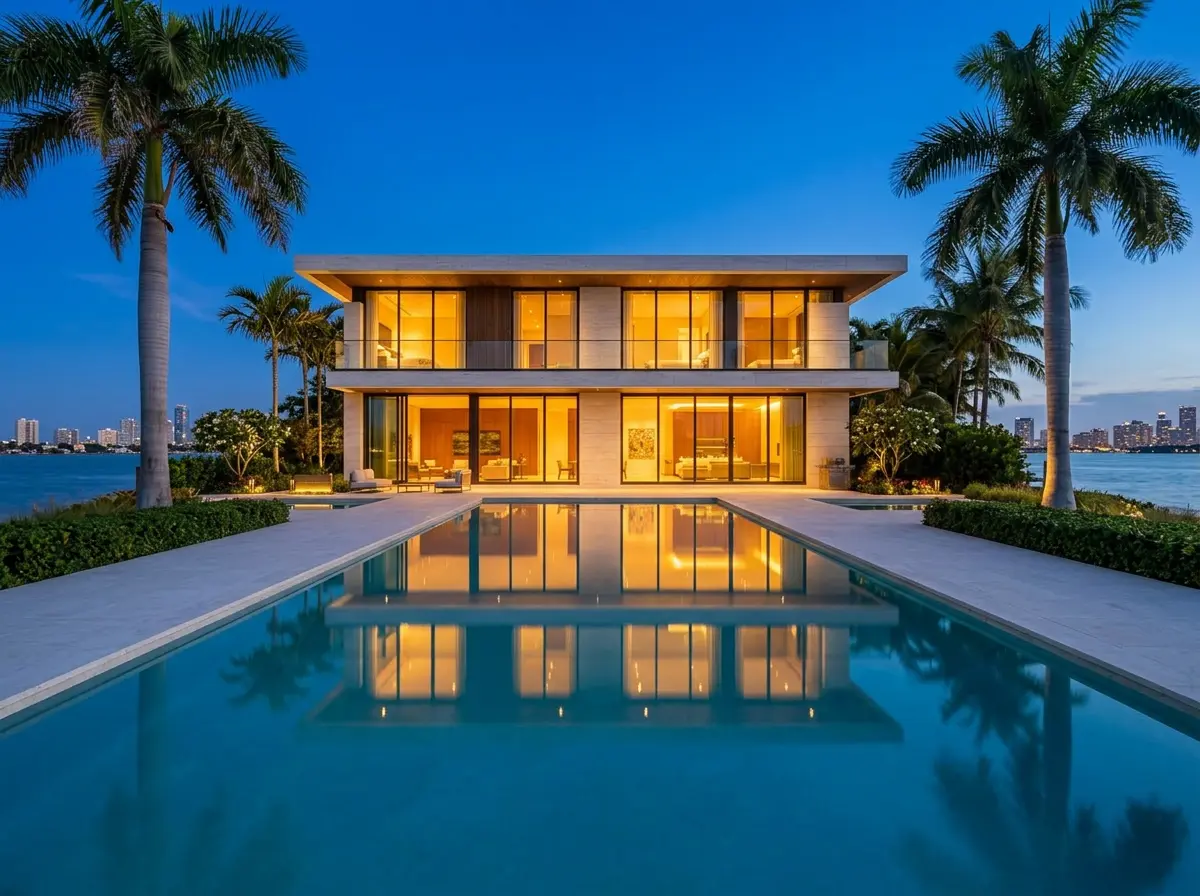 Front view of modern luxury waterfront home at twilight, featuring a long rectangular pool reflecting the illuminated two-story glass facade, framed by palm trees with city lights in the distance