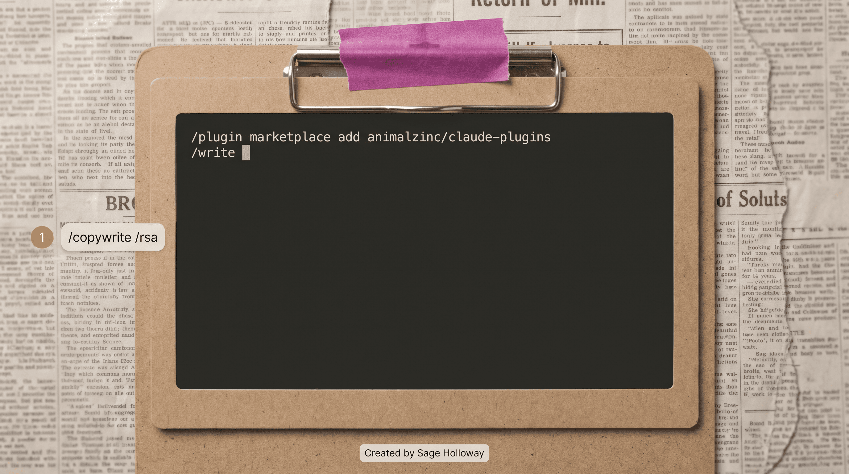 Claude Code showing plugin marketplace add animalzinc/claude-plugins then /write