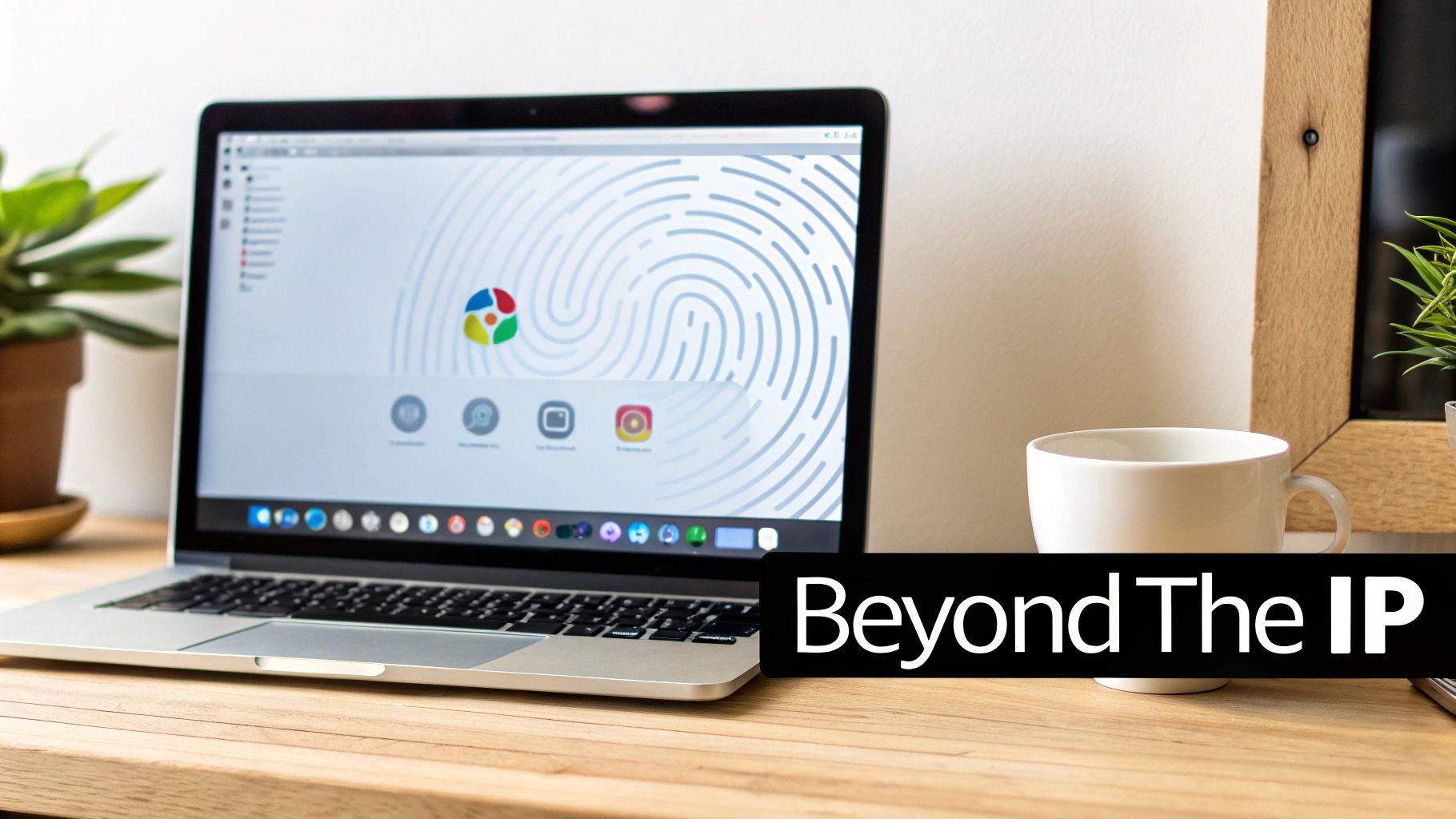 An open silver laptop on a wooden desk with a colorful logo and fingerprint pattern on screen, next to a white mug.