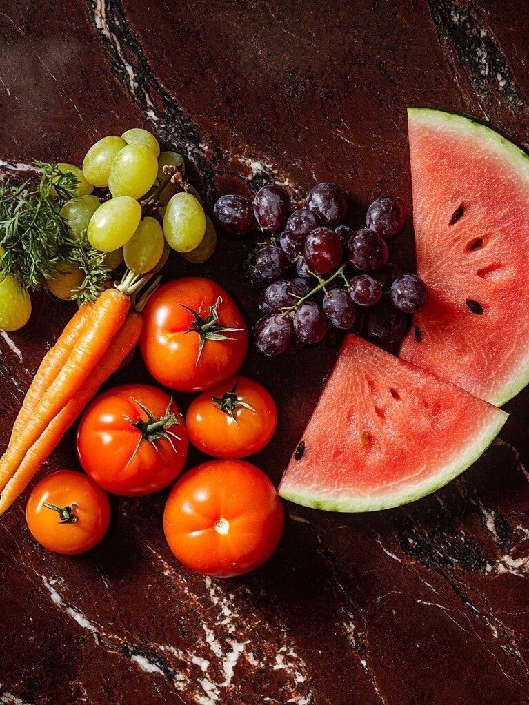 Tomatoes, carrots, green and red grapes and sliced watermelon arranged on a deep red marble countertop