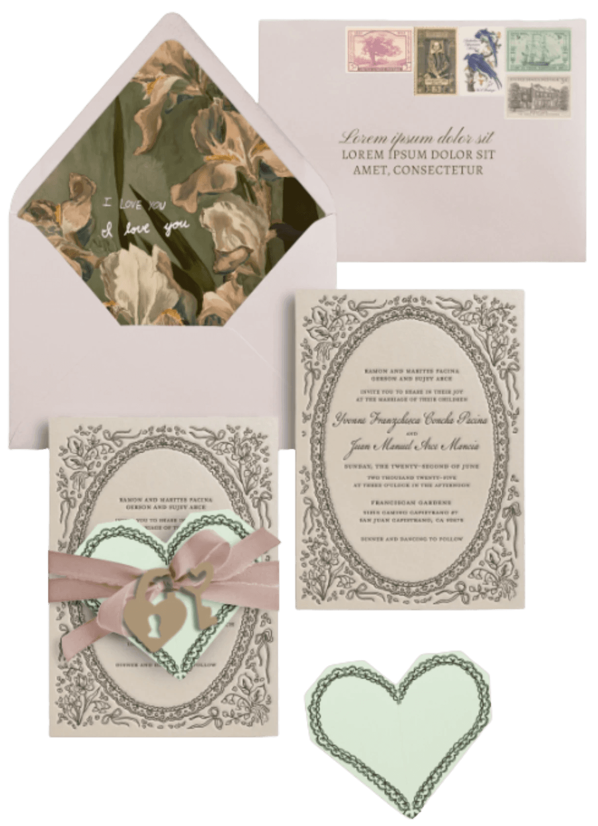 Romantic wedding invitations with a fold out and locket cut out.