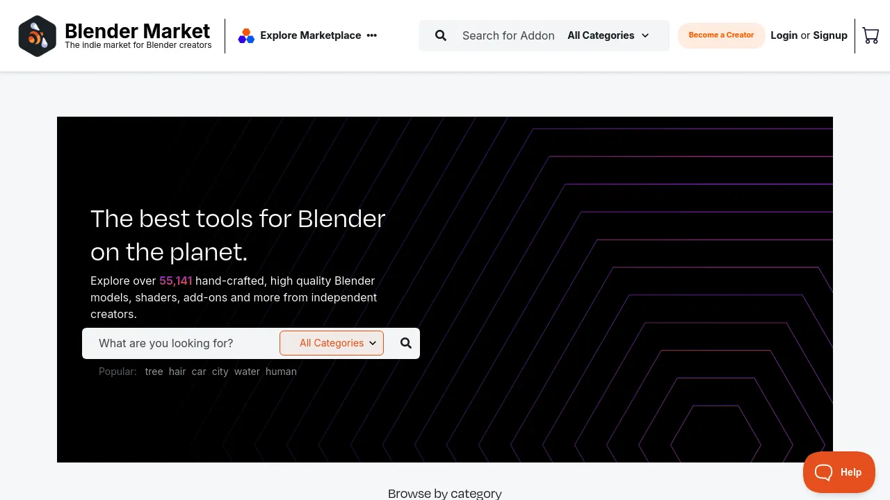 Screenshot of the Blender Market website displaying 3D assets and add-ons for Blender