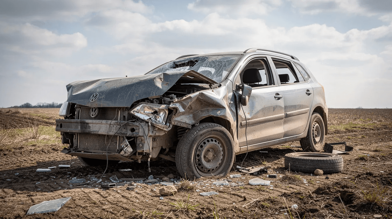 Une voiture accidentée est immobilisée sur un terrain, montrant un véhicule en mauvais état, visiblement non roulant. Cette épave pourrait nécessiter des démarches pour son enlèvement, comme un rendez-vous avec un professionnel ou un centre VHU pour sa destruction.