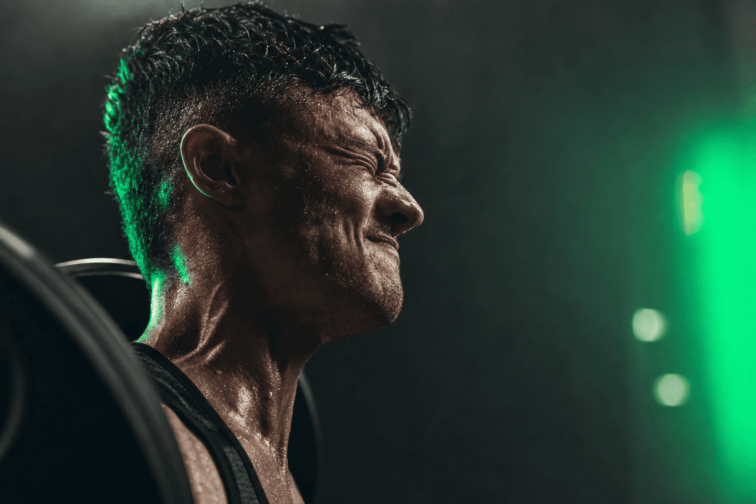 Close-up of a lifter's straining face during a hard final rep, conveying how proximity to failure feels