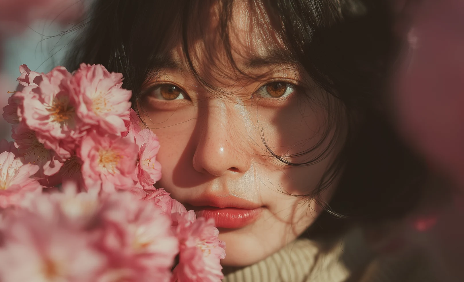 Portrait of a woman holding pink flowers