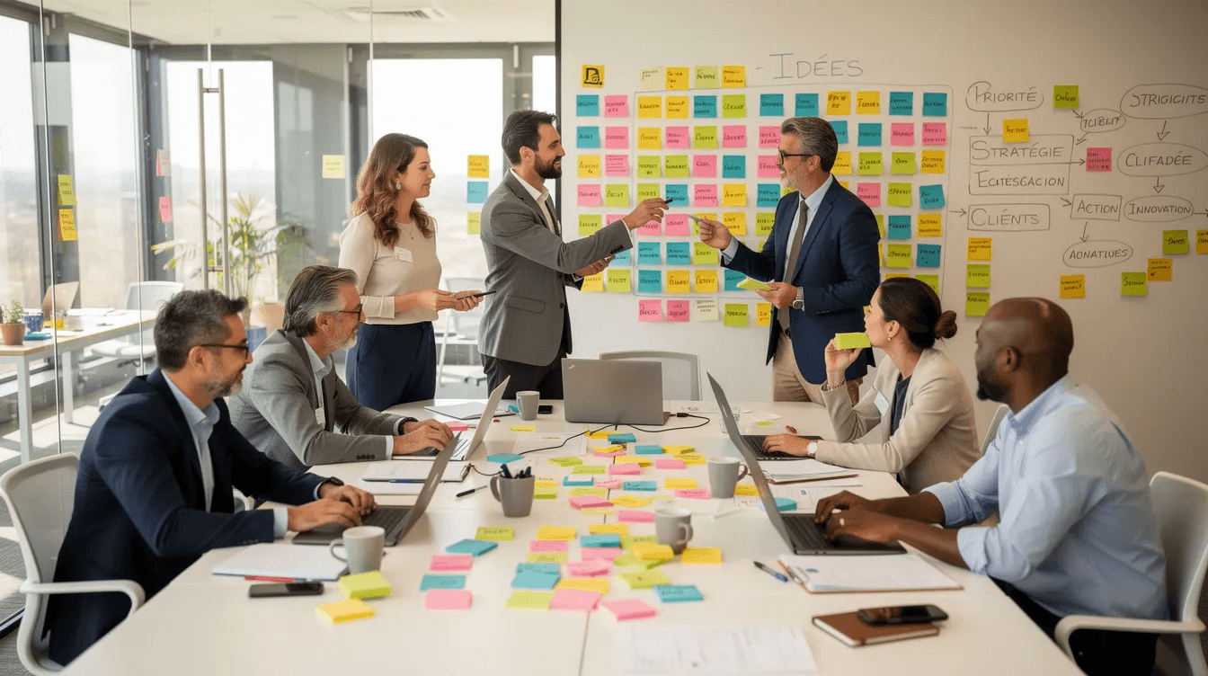 Un groupe de professionnels est réuni dans un atelier, chacun utilisant un ordinateur portable entouré de post-it colorés. Cet environnement dynamique favorise l'apprentissage et la créativité, illustrant les interactions essentielles d'une formation professionnelle interactive.