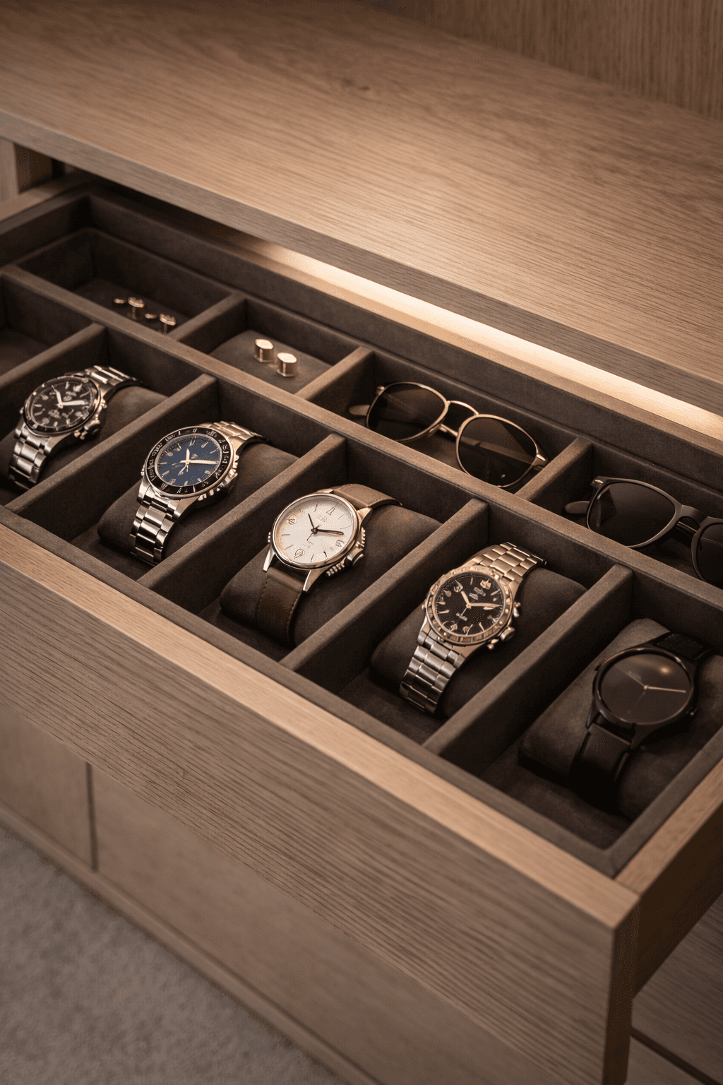 Bespoke internal closet organization featuring velvet-lined accessory trays and custom-sized  compartments for impeccable order.