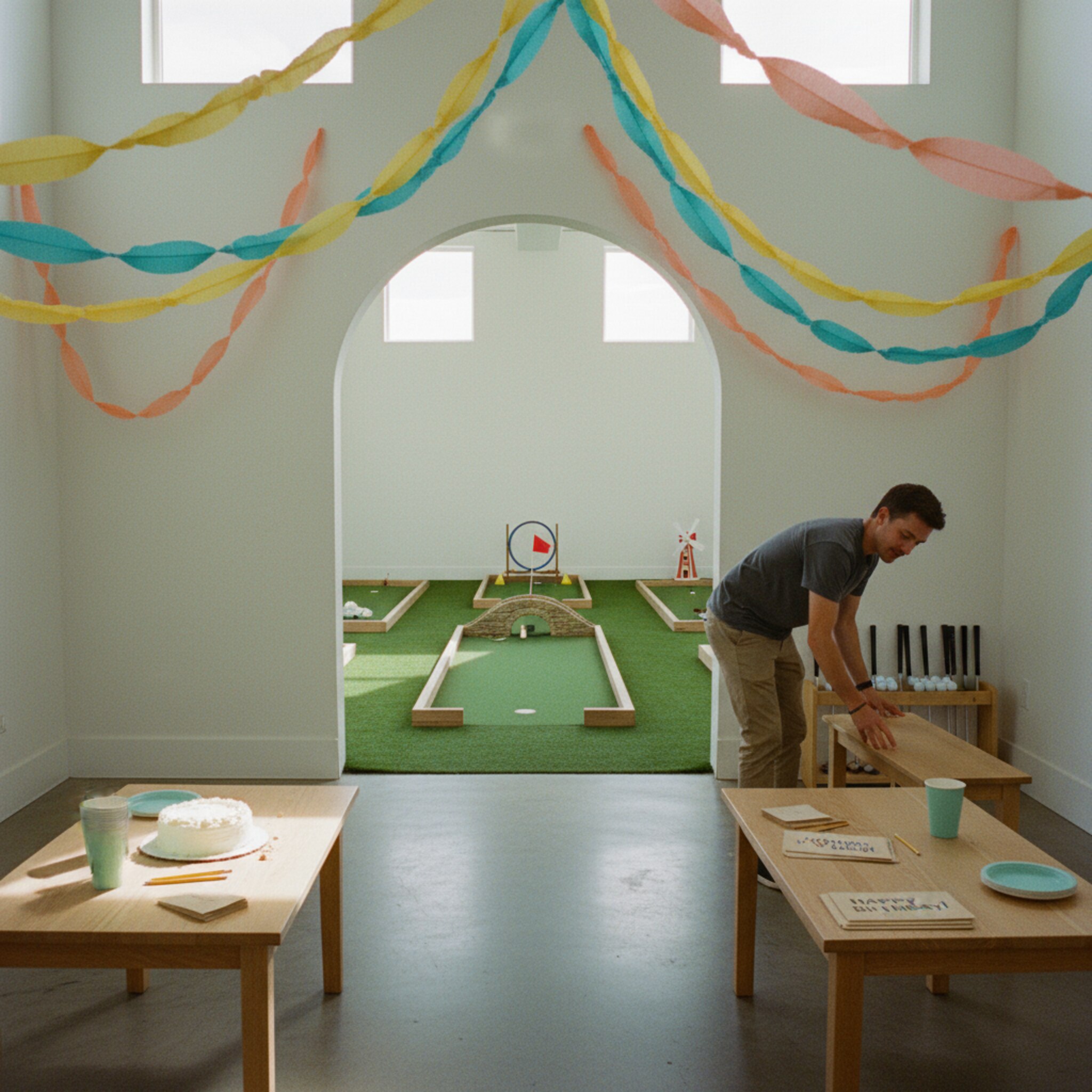 Ein dekorierter Partyraum grenzt an den Parcours. Bunte Girlanden, ein schlichter Geburtstagskuchen und Becher stehen bereit, daneben liegen personalisierte Scorekarten. Ein Mitarbeiter stellt eine zusätzliche Bank zurecht. Durch die offene Tür sieht man eine freie Bahn, die für die Gruppe vorbereitet ist, sauber und ordentlich markiert.