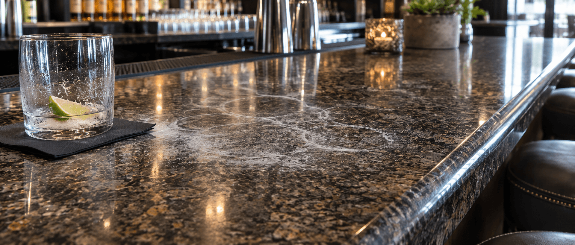 Etched granite countertop showing dull spots from acidic spills.