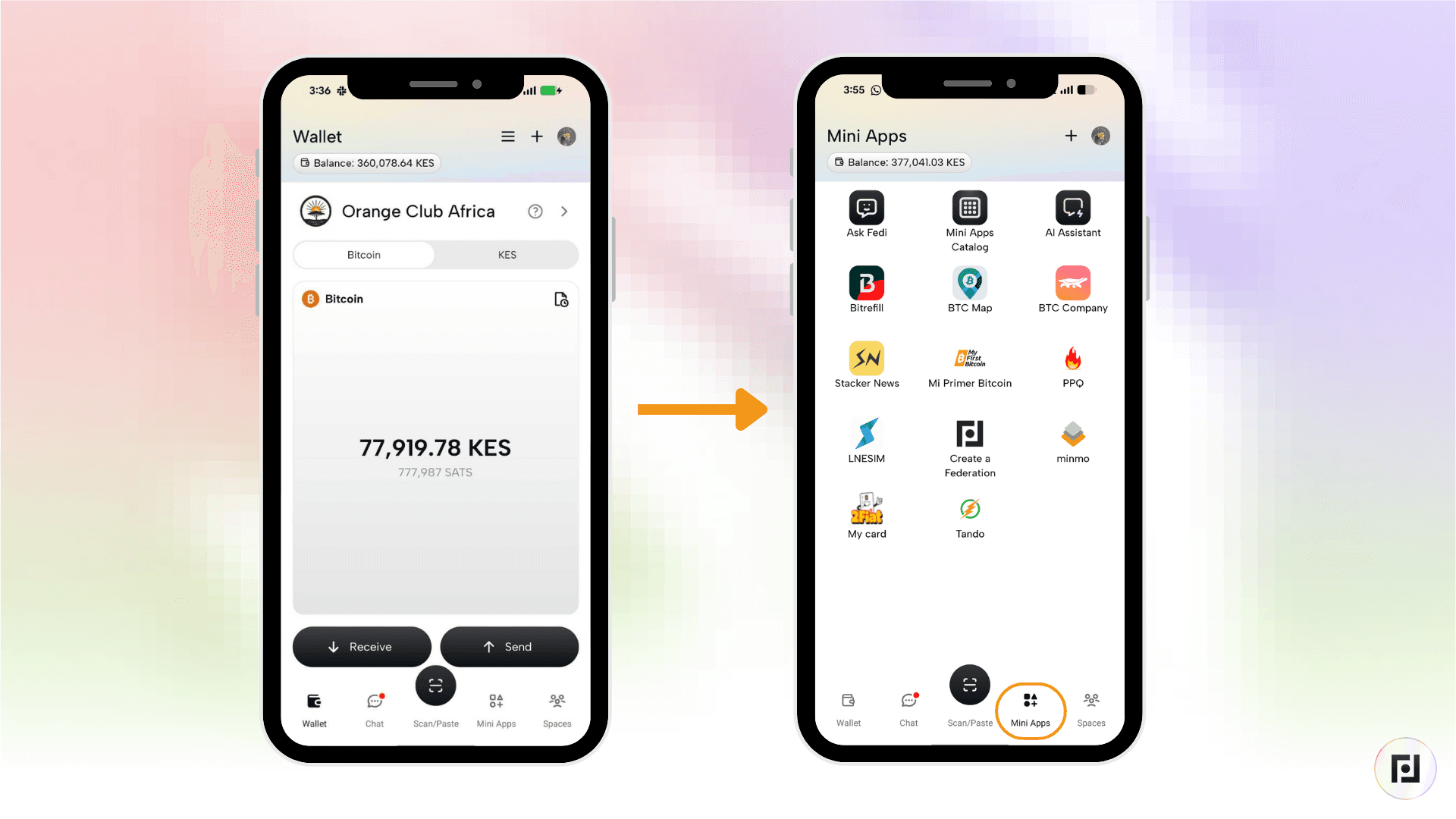 Fedi wallet showing a KES balance, and the Mini Apps screen with various apps including BTC Map, Stacker News, and ChapSmart