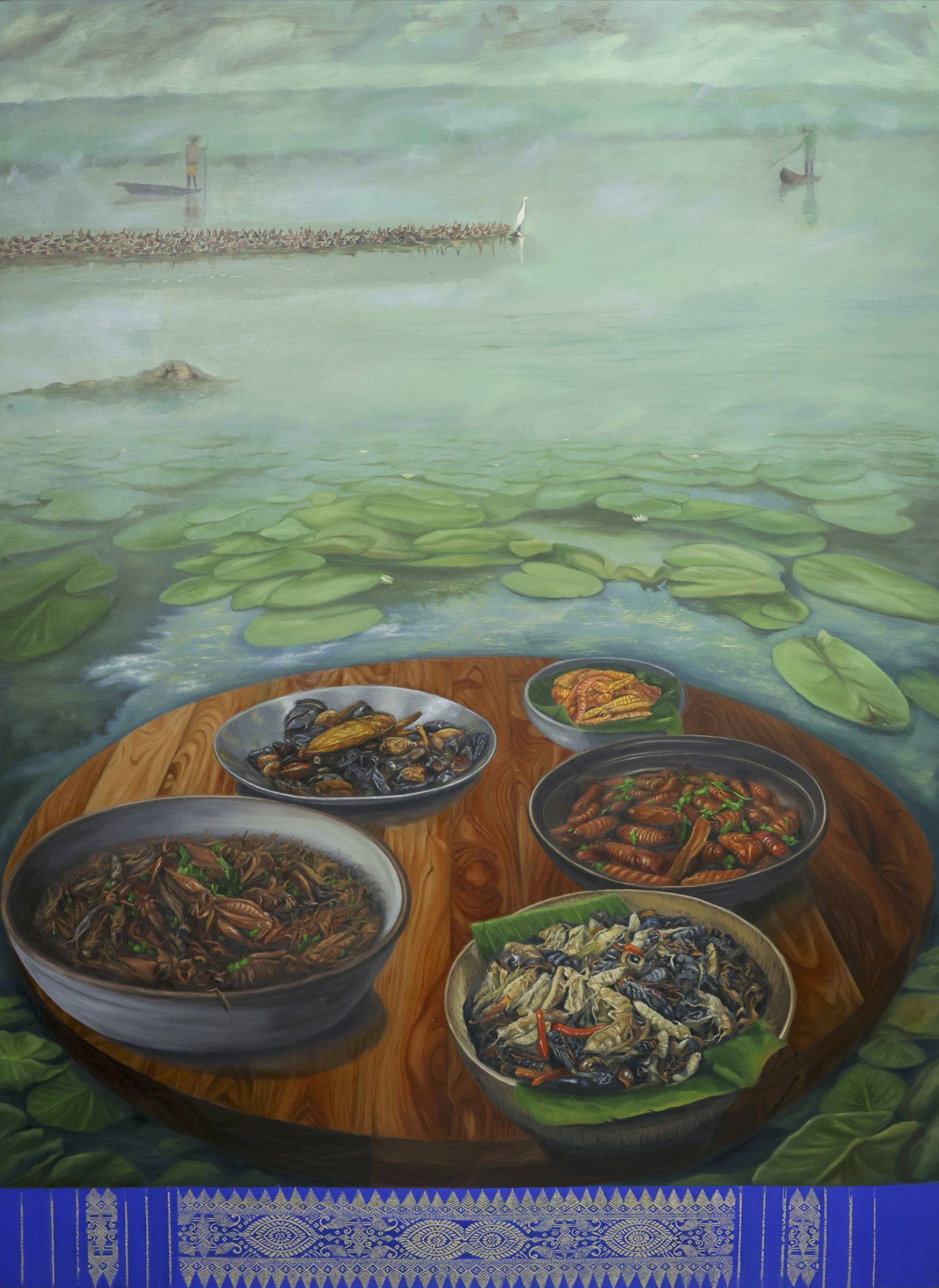 herd of sheep on road painting