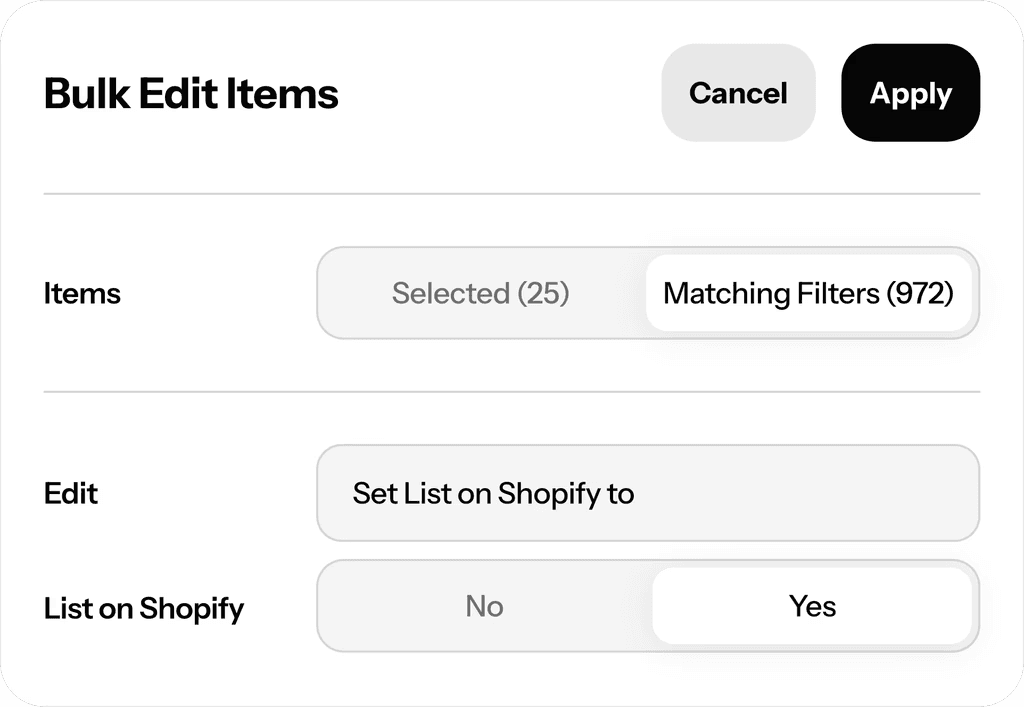 A screenshot showing the bulk edit items to list on Shopify screen in ConsignCloud