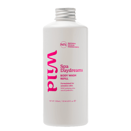 Wild body wash refill bottle made from white VIVOMER material. This showcases how VIVOMER provides the durability and barrier function of plastic for liquid personal care packaging without generating permanent waste.