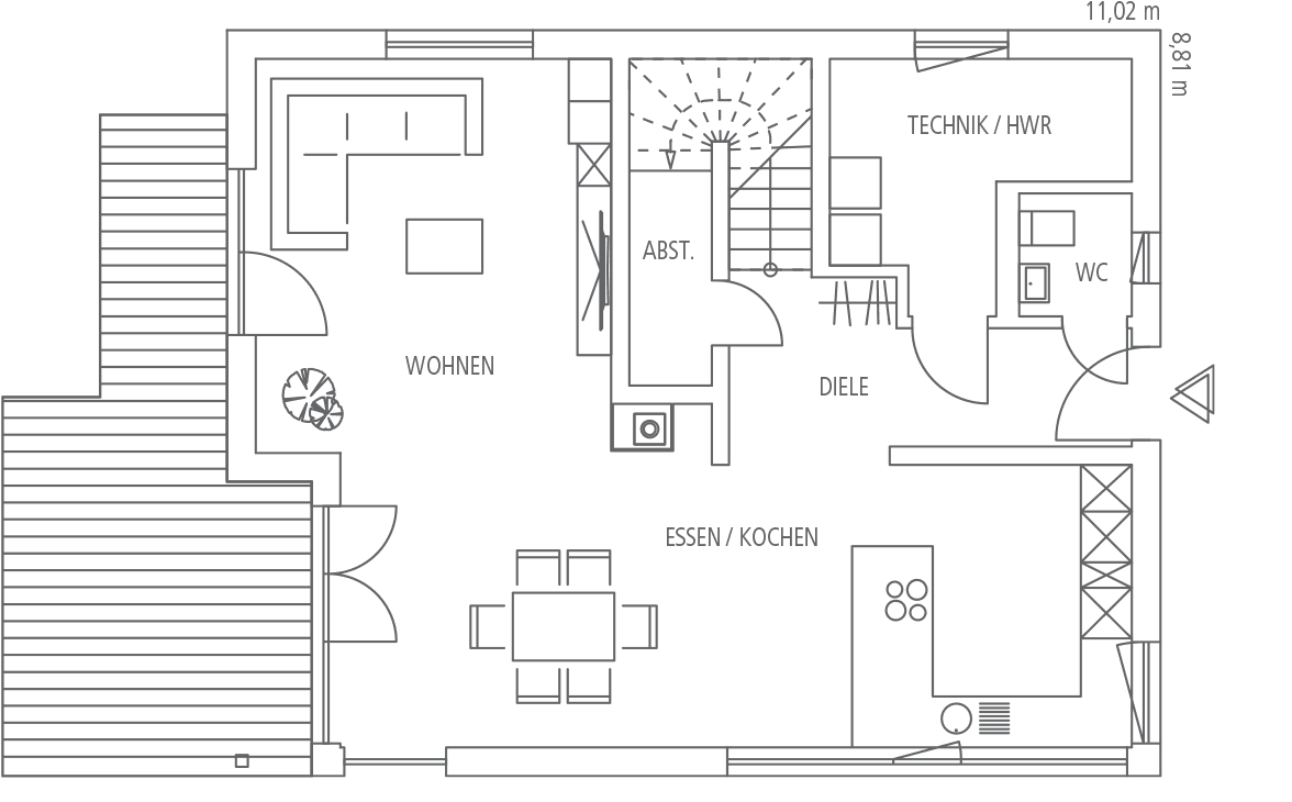 Grundriss Erdgeschoss mit Wohn-, Ess-/Koch-, Diele-, Technik/HWR-Bereich, WC und Abstellraum.