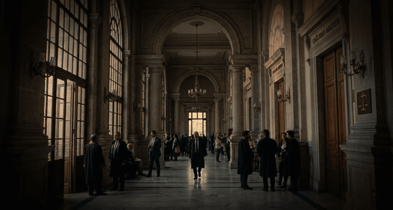 Yumuşak ışıkla aydınlatılmış, sıcak tonlu duvarlara ve ahşap zemine sahip; kemerli kapıların sıralandığı bir adliye koridoru.