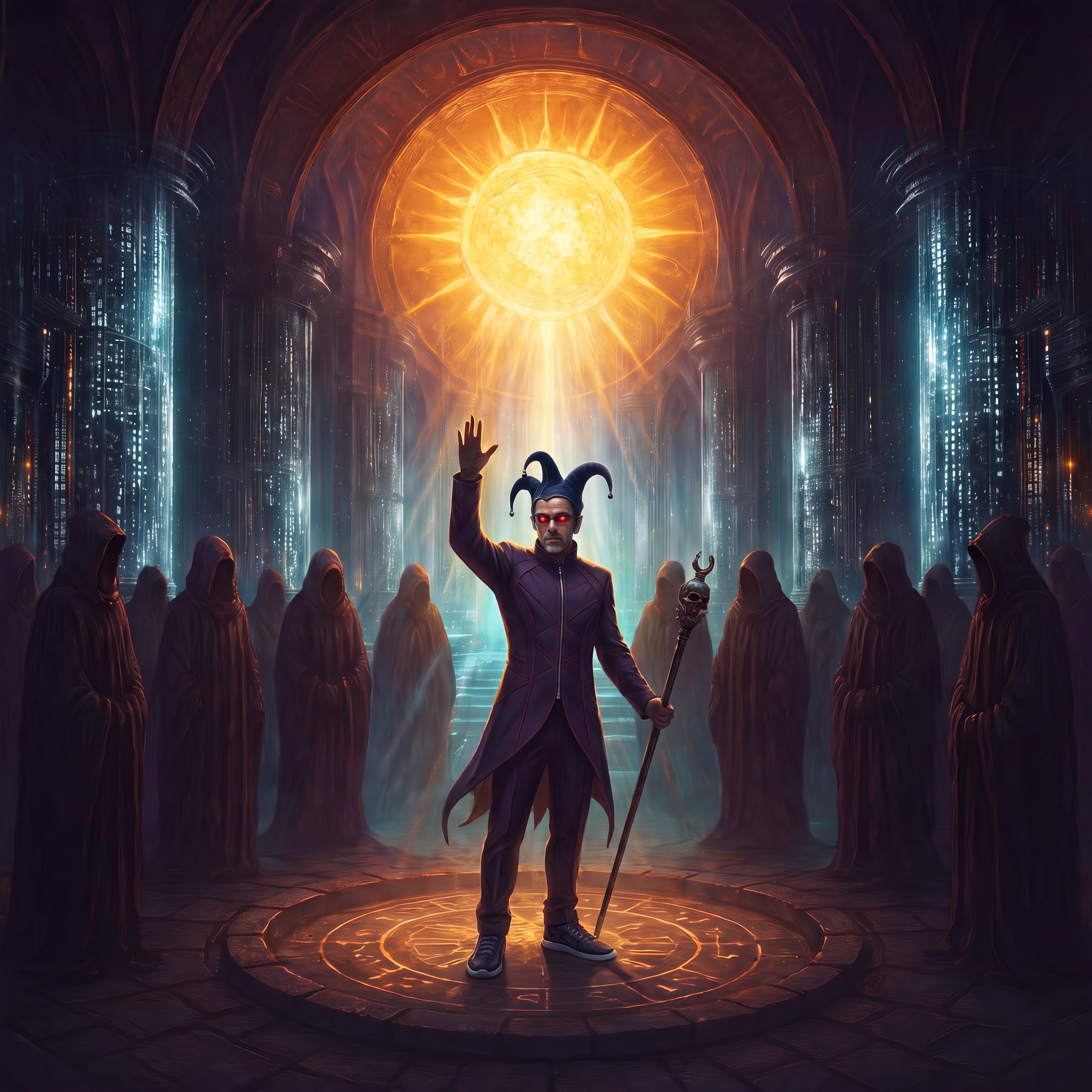 Silhouette in golden portal with raised arms - symbol of transformation and enlightenment