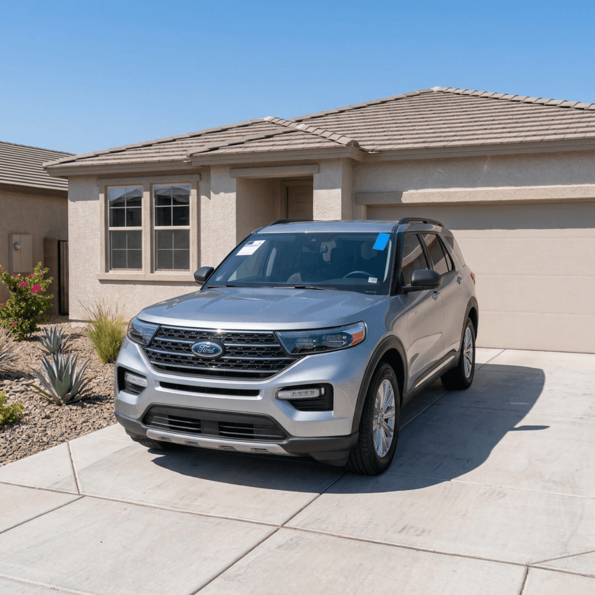 Silver Ford Explorer ST with a polished new windshield sitting in a Litchfield Park, Arizona driveway