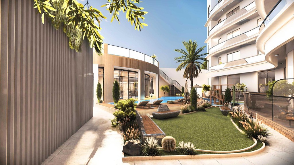 Visual representation of Xenia Residences, featuring a stylish apartment building with large windows and outdoor spaces.