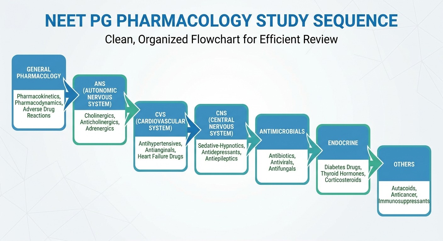 NEET PG pharmacology study sequence flowchart
