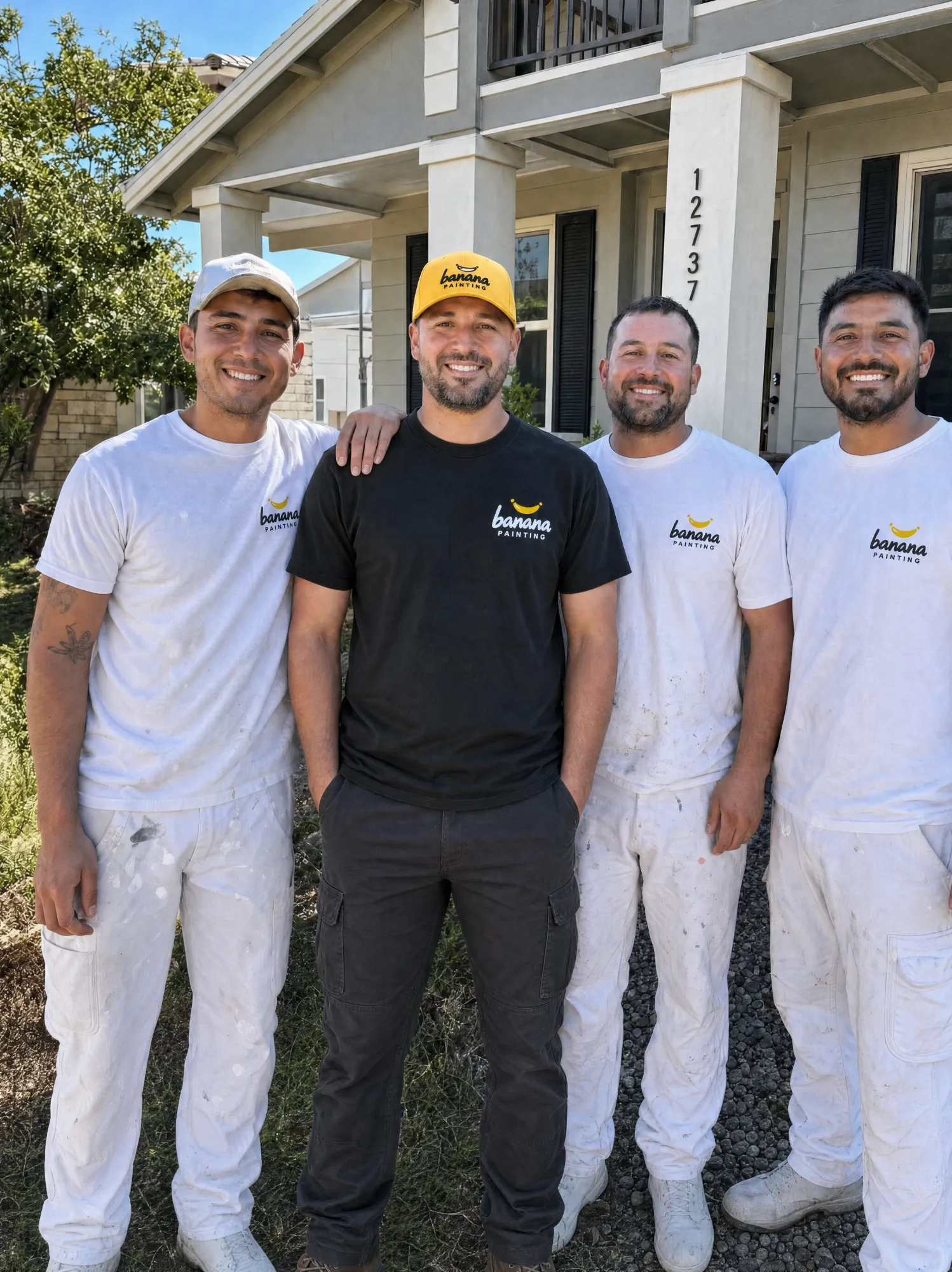The Banana Painting crew in branded shirts in front of a freshly painted home