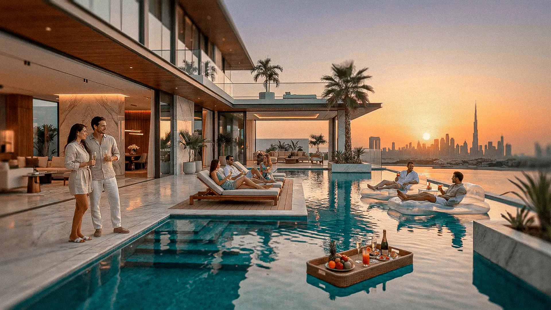 Propiedad residencial de lujo en Dubái con piscina privada y vistas al skyline urbano al atardecer.