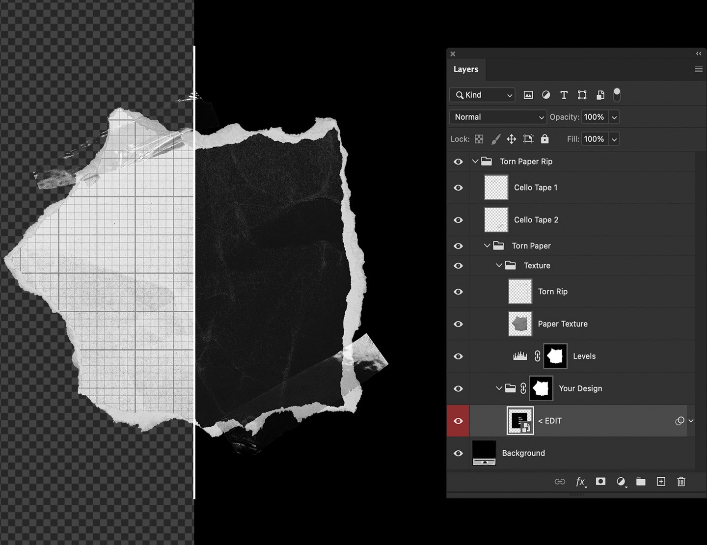Technical view of the Ripped Paper Scrap Mockup highlighting organized Photoshop layers and smart object functionality
