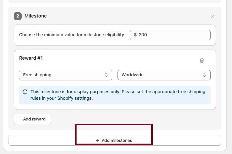 Add milestones for tiered rewards on Shopify using Monk Free Gift