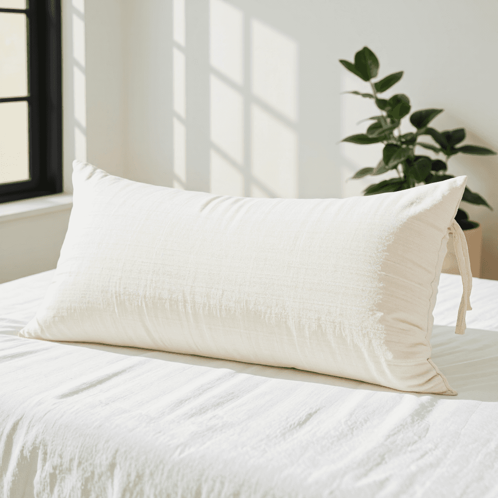 product photography of a large rectangular pillow with a textured white cover, designed for comfort during sleep