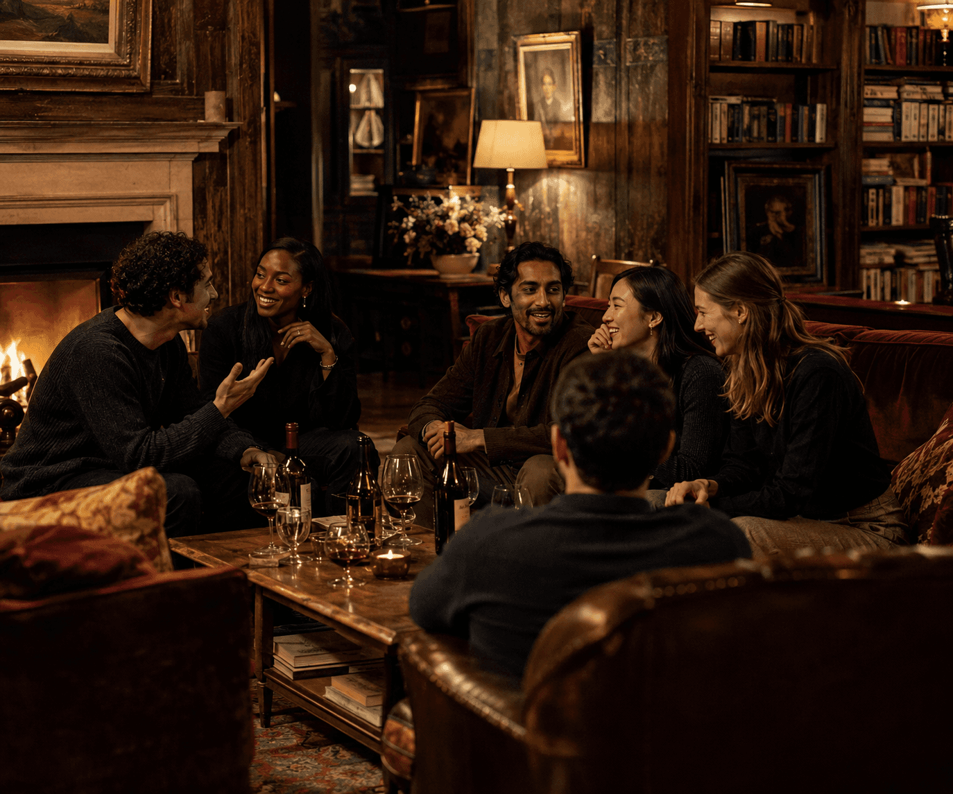 Five or six people in deep conversation in a firelit country-house drawing room at a Vana weekend — wine on the table, genuine laughter