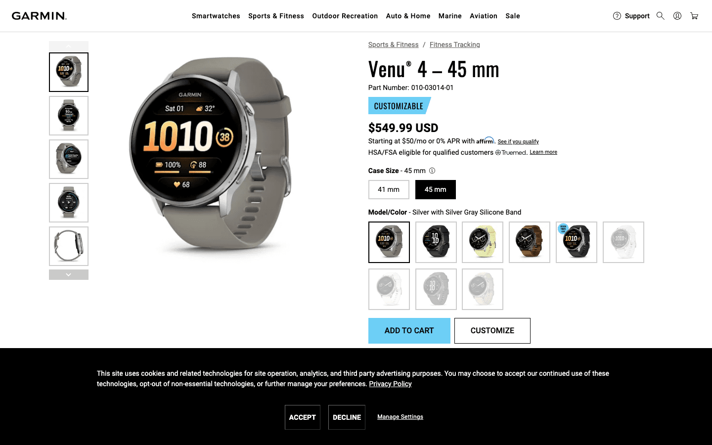 Garmin Venu 4 product page on garmin.com showing $549.99 price and watch design