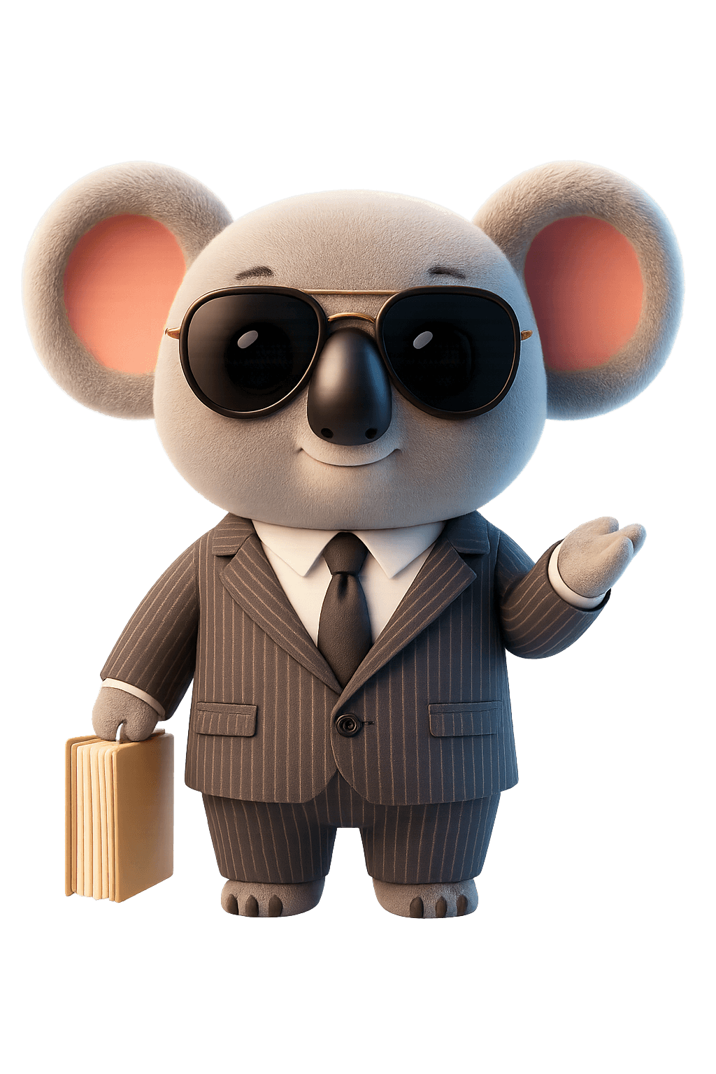 A cartoon-style koala stands confidently against a light background, dressed in a grey pinstripe suit, black tie, and dark sunglasses. It holds a closed file or folder in one hand and gestures with the other as if presenting or explaining something. The koala’s expression is cool and composed, giving off a professional, advisor-like vibe with a playful twist.